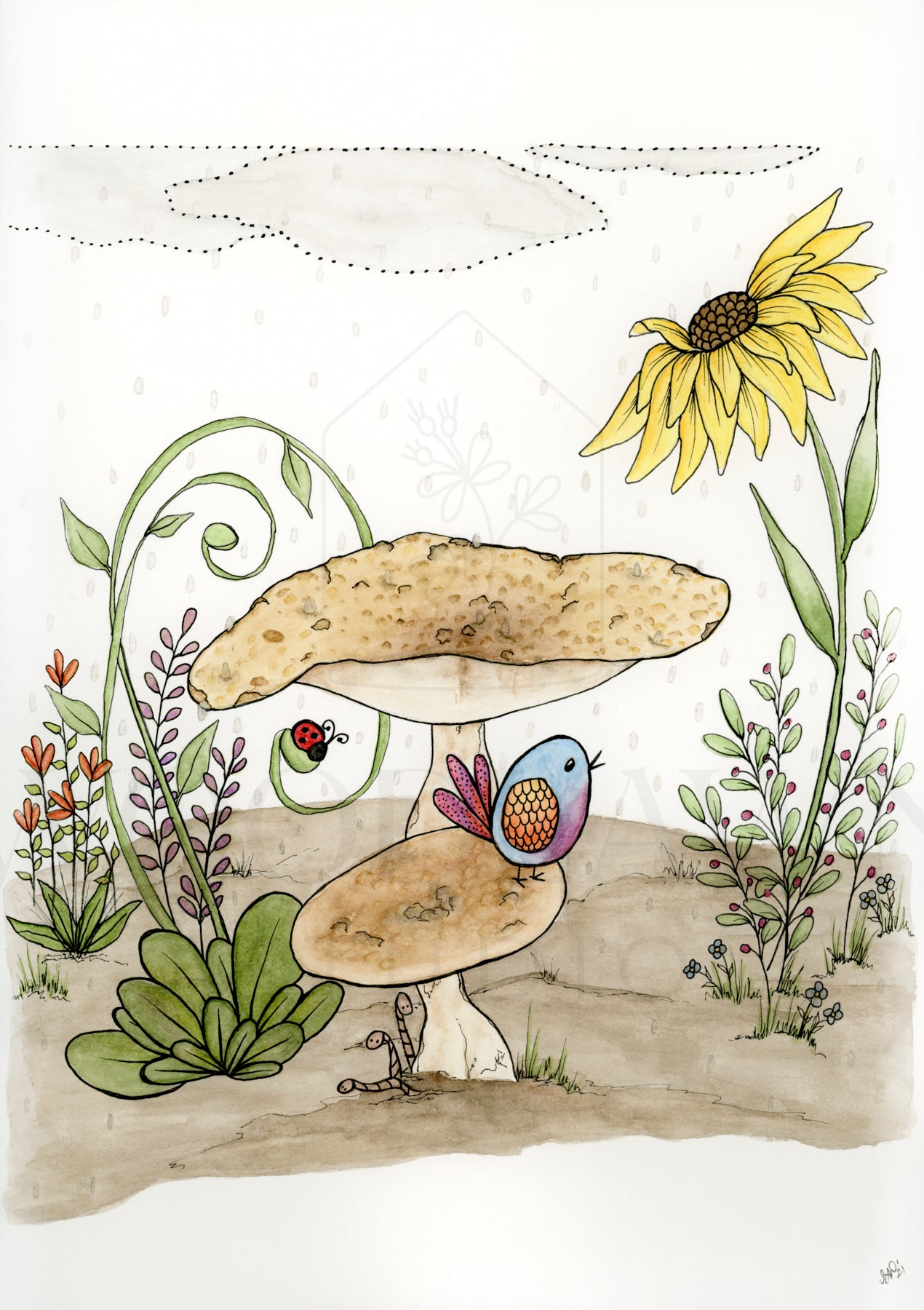 Bird Under a Mushroom Original Artwork