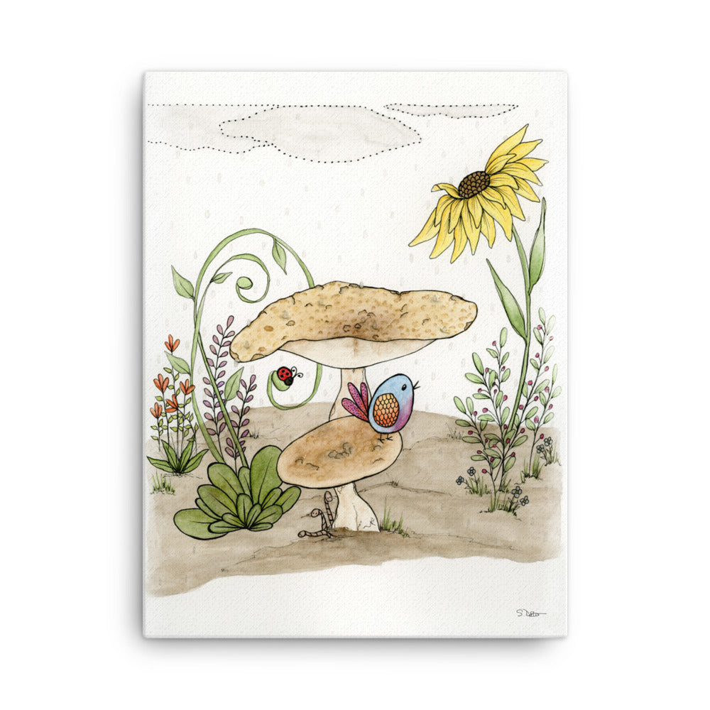 Bird Under a Mushroom Canvas Print